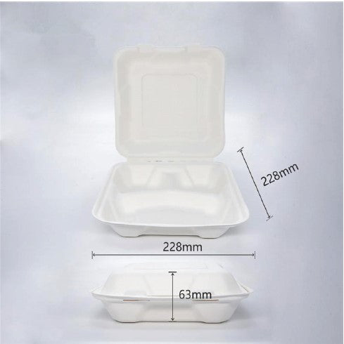 BioBox Sugarcane 9" 3 Compartments Dinner Box 1300ml (200pcs)